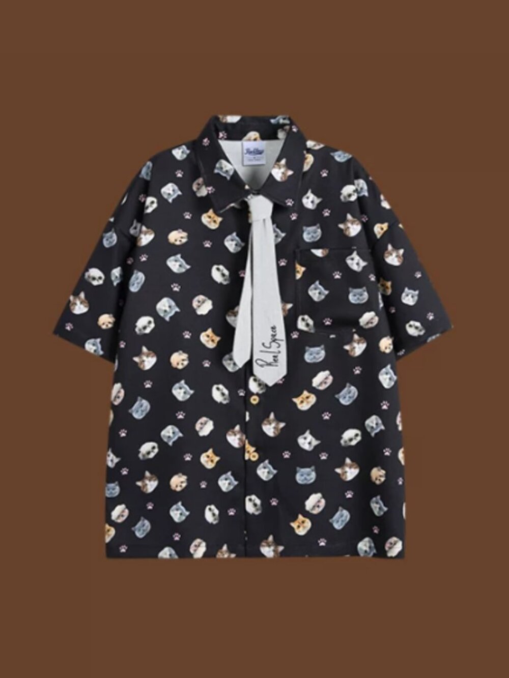 Black Cat Print Shirt with Tie